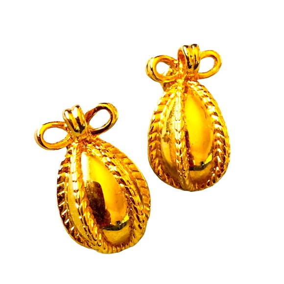Joan Rivers Vintage Faberge Egg Gold Tone Bow Rope Classic Post Earrings SIGNED - Picture 1 of 10